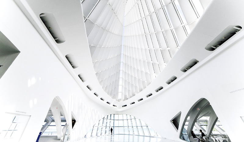 Inside of the Pavilion of the Milwaukee Art Museum.