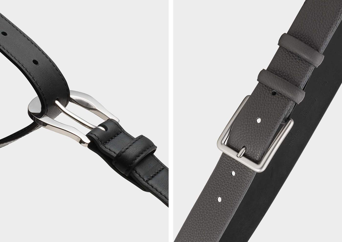 Left classic women's belt black and right classic men's belt grey