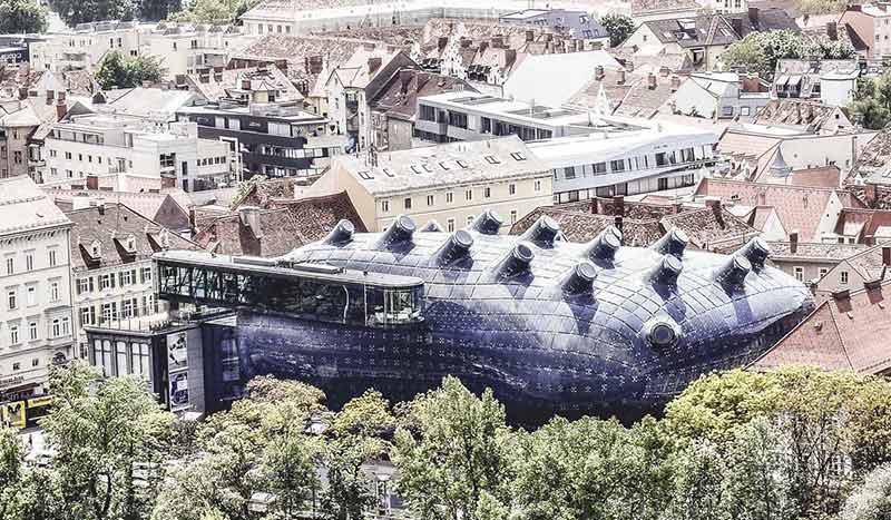 View from above of the Kunsthaus Graz in the historic city centre.