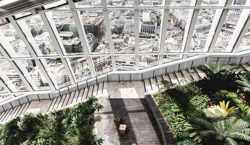 Inside the Walkie-Talkie Tower overlooking the Sky Garden and the City of London.