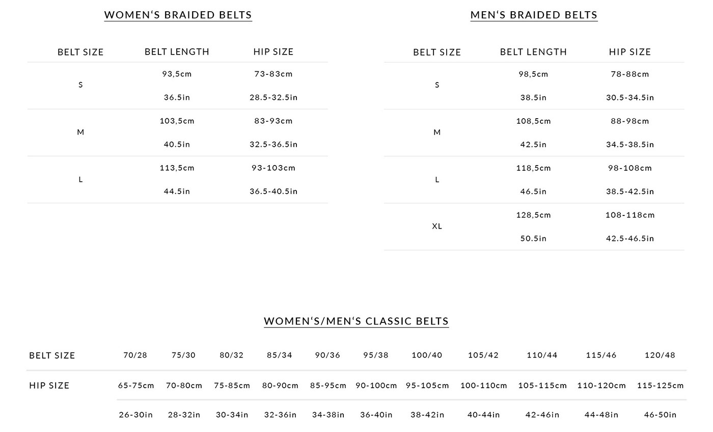 Classic and Braided Belt Sizing Charts