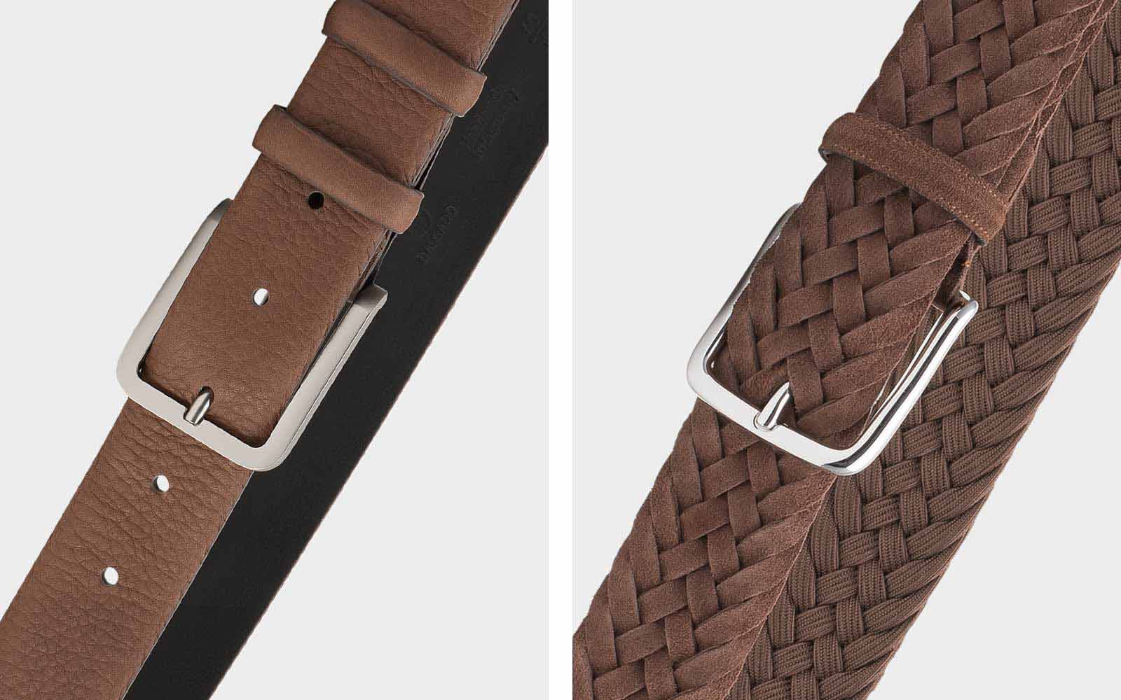 Left: Our classic handmade brown leather belt Mathis; Right: Our brown braided suede belt Gilberto