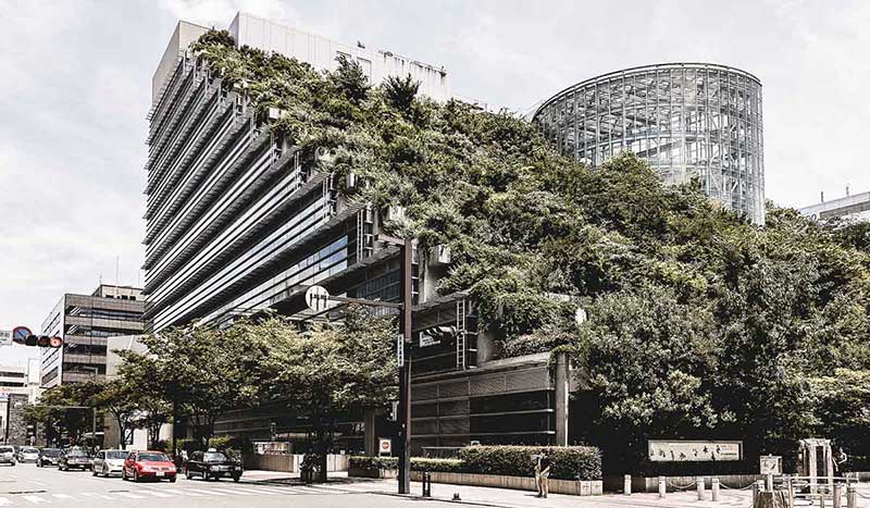 View of the 60 meter high garden terraces on the backside of the ACROS Fukuoka building in Japan.