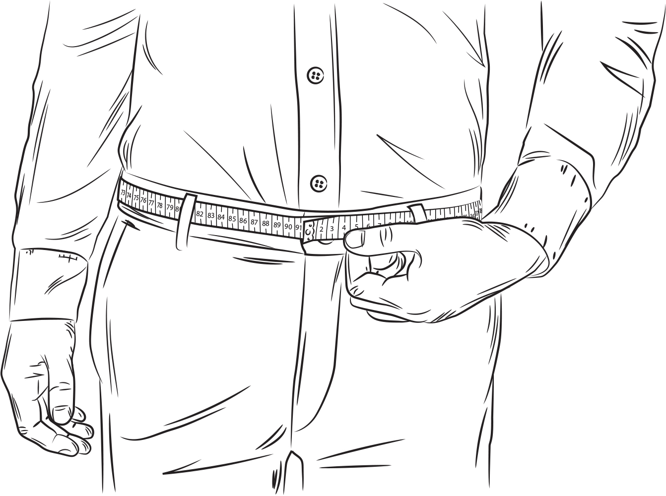 Illustration wie die Gürtelgröße anhand eines flexiblen Maßbandes bestimmt werden kann.