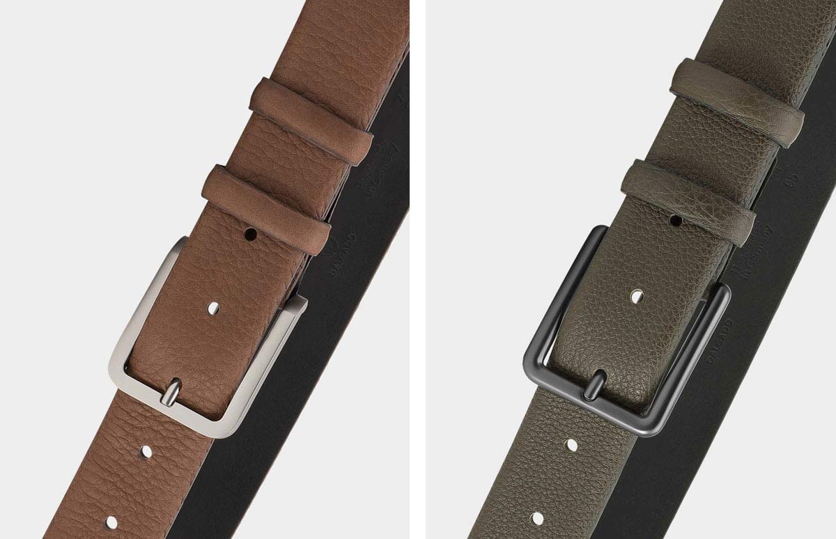 Left: Brown handmade full-grain leather belt; Right: Green handmade full-grain leather belt.